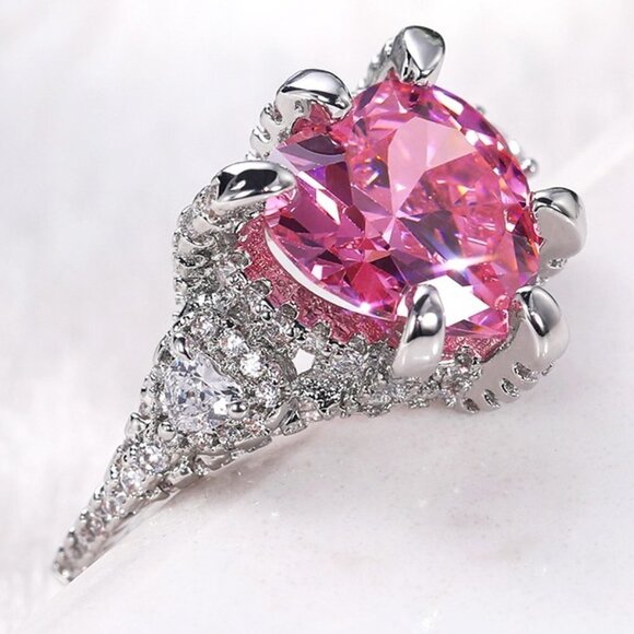 😍Pink Heart CZ Anillos Shiny Diamonds Silver Plated Heart Ring for Women, L117 - Picture 4 of 7